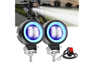 Ygmylandbb Motorcycle LED Driving Fog Lights, Motorbike Driving Lights Led, 20W Auxiliary Spot Lights Pod for Motorcycle, DRL/Angel Eye, Include Switch (White Beam with Blue Ring) 12V/24V 3inch 2Pcs