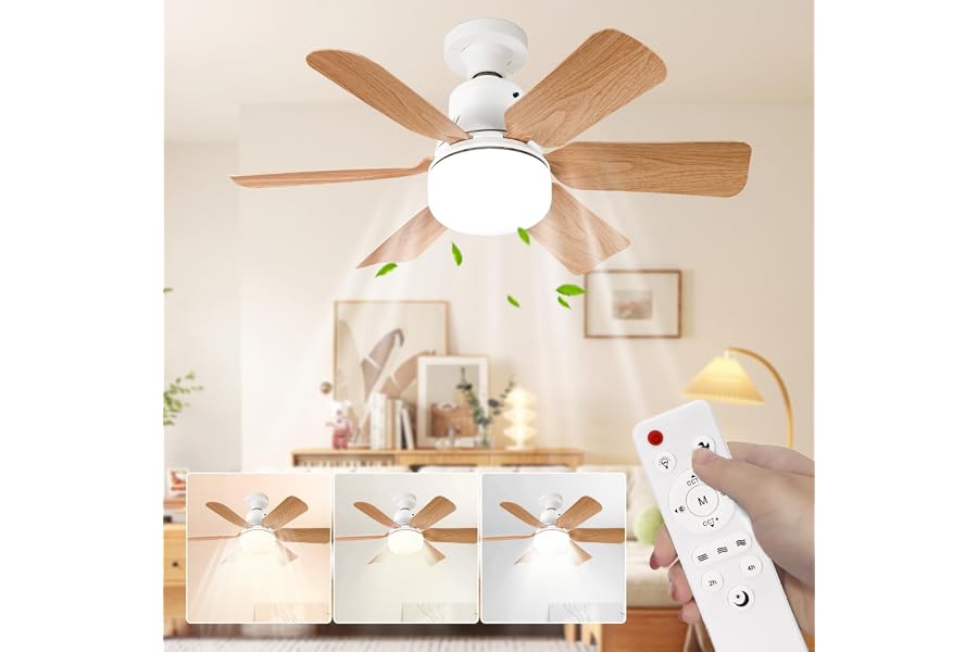 Ventilateur Plafond avec Lumiere,télécommande,51CM，Lustre Chambre,Grain de Bois,3 Vitesses,Réglage continu Luminosité et Temp