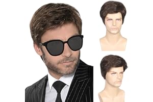 TSHAOUN Brun Courte Perruque pour Homme, Postiche Naturelle Moelleuse, Noir Couche Vague Perruques pour Hommes avec Frange Disco Perruque Punk Rock Halloween Cosplay Costume de Fête Quotidien (Brun)