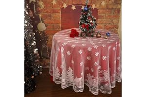CMCQ Christmas Lace Tablecloth Christmas Reindeer Tableware Snowflake White Table Cover Christmas Decoration (Round Tablecloth 178x178cm)