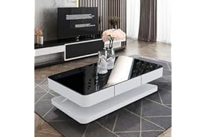 ‎OFCASA OFCASA Couchtisch mit 2 Schubladen, für Wohnzimmer, Hochglanz, schwarze Glasplatte, Aufbewahrungsschrank für Sofa, Büro