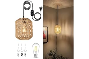 LIYABBER Vintage Lampa Wisząca z Wtyczką, E27 Retro Lampa Wisząca z Przełącznikiem Ściemnialnym, Osłona Lampowa z Liny Konopnej DIY, Ø18cm Wewnętrzna/Zewnętrzna Lampa Wisząca z Kablem 4.5M (Z Żarówką 40W)