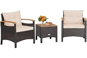 COSTWAY 3-Piece Rattan Bistro Set, Patio Sofa Set Garden Table and Chairs with Cushions, Outdoor Furniture Acacia Wood Wicker Conservatory Set for Balcony Backyard Poolside (Beige)