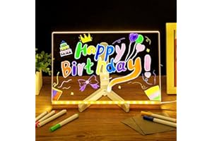 LINENO Tableau Lumineux Message LED,Tablette Acrylique Lumineuse Dessin,Tableau Effaçable 7 Stylos Colorés/Support Réglable Tablette d'écriture LED Cadeaux d'anniversaire Noël Tableaux à Mémos (Warm light)