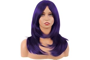 MapofBeauty 20 Pouces/50 cm Longue Layered Avec Frange Droit Synthétique fibre Shoulder Longueur Cheveux Perruques (Sombre Violet)