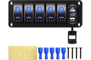 RUPSE 12V/24V Schalter Panel Schaltpanel, Dual-USB-Ladegerät 4.8A LED Voltmeter, Zigarettenanzünder 5 Kippschalter EIN/AUS zum Auto Marine für Pkw Lkw Boot Anhänger Wohnmobil UTV ATV