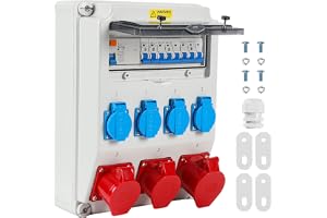 Trådlös FI-brytare 40A 30mA typ A, 2 x CEE 16A 400V + 1 x CEE 32A 400V + 4 x 230V Schuko, 5-polig. väggfördelare med LS-bryta