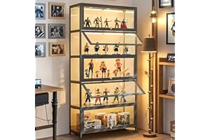llekondkf 5-Tier Display Cabinet with Acrylic Glass Door, 165 cm High Display Case, Transparent Curio Cabinet&Bookcase for Collectibles, Books, for Playroom, Bedroom, Study Room (Grey Flip Door)