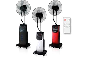 Dardaruga VENTILATORE DIGITALE WFD a Piantana con NEBULIZZATORE ad Acqua (Serbatoio XXL 3,10 Litri) IONIZZATORE ION, ANTIZANZARE e Repellente Insetti, Vano AROMA Timer Telecomando Oscillazione (NERO)