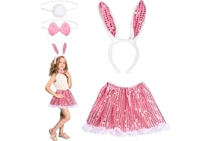 HONMOK 4 Piece Kids Bunny Costume, Pink Rabbit Dress Up Outfit with Bunny Ears Headband, Tutu Skirt, Tail, Bowtie for 3-10y Girls Easter Carnival World Book Day Costume Accessories