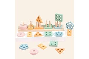 NOREO Drewniana zabawka Montessori - zestaw do układania w stos i sortowania pastelowych kolorów dla niemowląt 12-18 miesięcy - przebudzenie umiejętności motorycznych, prezent edukacyjny dla dzieci w