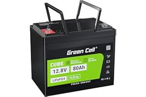 GREEN CELL PRO Green Cell® Batteria LiFePO4 (80 Ah, 12,8 V, 1024 Wh), al litio, al fosfato di ferro, 12 V, impianto fotovoltaico BMS, per camper, caravan, barca, golf, trolley solare, Trolling, colore: mottor