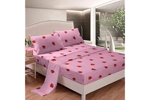 LOUSSIESD Strawberry Bed Sheets Kids Girls Tropical Fruit Sheet Set 3 Pcs Kawaii Strawberry Sheets Set + Deep Pocket Fitted Sheets+ Strawberry Flat Sheet + Cute Cartoon Fruits Decor 2 Pillow Sham,Double,Pink