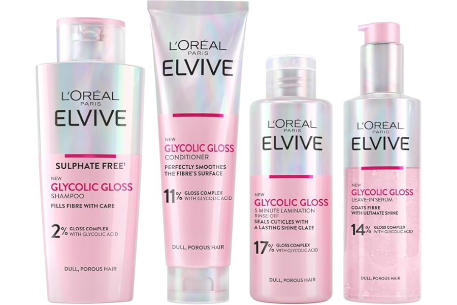 L'Oréal Paris Glycolic Gloss Set For Dull Porous Hair, Elvive At-Home Glossing Routine With Glycolic Acid, Includes Shampoo, Conditioner And Rinse-Off Treatment For Mirror Shine And Lasting Smoothness