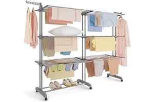 SONGMICS Étendoir à Linge, Séchoir Mobile à 4 Niveaux, avec roulettes, Pliable, 63,5 x (131-200) x 177,5 cm, Grande Capacité, Utilisation Intérieure et Extérieure, Gris Tourterelle LLR704G01
