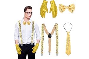 LUYANFX Paillettes Accessori per Costumi, 4 Pezzi Paillettes Guanti Costumi con Bretelle, Cravatte, Papillon, Accessori per Travestimento Paillettes da Uomo per Carnevale Mascherata Festa o JGA