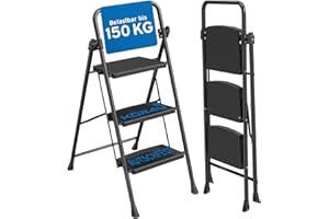 ‎KÖR4U kör4u Trittleiter 3 Stufen – bis 150 kg belastbar, klappbar & platzsparend, stabile Haushaltsleiter, rutschfeste Stufen, Stahlrahmen, schwarz