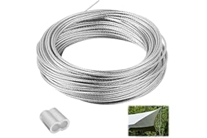 PETGLIMMER 50 m Cavo Acciaio 1mm, Filo Acciaio Inox con 50 Manicotti in Alluminio, 304 di Corda in Acciaio Inossidabile, Kit Fune Metallica Acciaio, Corda Metallica per Appendere, Decorazione per Uccelli, Fiori