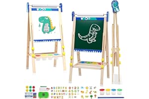 MAYCOLY Kids Easel Double Sided Toddler Wooden Easel Chalkboard Whiteboard Foldable Art Easel Height Adjustable with Paper Roller Numbers Alphabet Animal Accessories for Boys Girl