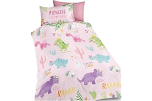 VELVETIO Easy Care Single Kids Duvet Cover Set with Pillowcase, Breathable Girls Dinosaur Bedding Bedset, Soft Reversible Animal Print Comforter Quilt, Pink