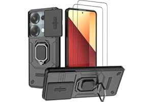 DERHAN Hülle für Xiaomi Redmi Note 13 Pro 4G / Poco M6 Pro 4G (Nicht für 5G), Panzerhülle mit Schutzfilm [2 Stück] + Slide Camera [Kameraschutz], Schutzhülle Handyhülle mit Ring Ständer - Schwarz