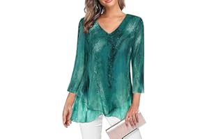 Adigaber Camisas para Mujer Elegante Manga 3/4 y Cuello en V Blusa Suelta Sólidos Estampadas Casual Gasa Shirt