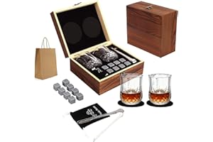 MAGICORANGE Ensemble de Verres à Whisky, Ensemble Cadeau en Pierre à Whisky dans Une boîte en Bois Faite à la Main,2 Verres à Whisky + 8 glaçons réutilisables + Sac en Velours et Clip (Rectangulaire)
