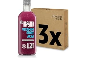 Kloster Kitchen Vitamin Shot Bio Acai 12SHOTS 3x 360 ml con trozos de jengibre auténtico I Ginger Shot botella de vidrio vegana dulce y picante sin aditivos (incl. 0,75 euros de fianza única)