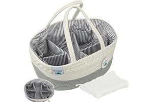ilauke Baby Diaper Caddy avec Séparateur Amovible,42 x 28 x 16,5 cm Panier de rangement pour couches de bébé + 25 x 50cm Débarbouillettes Bébé en Mousseline,Portable Panier à Langer de Bébé(Gris)