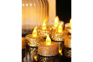 wisdom line Candele LED glitterate Dorato, confezione da 8 scaldapiatti senza fiamma con timer, 3,6 x 3,6 cm, alimentate a batteria CR2032, decorazione per Natale e feste