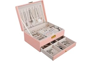 YOCOLE Joyeros Mujer Organizador, 2 Niveles Caja Joyero Organizador Joyas Cuero PU, Grande Joyero Viaje Cajones Niña para Anillos, Pendientes, Collares, Relojes, con Cerradura y Llave, Rosa