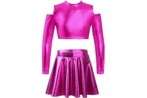 Jowowha Girls Shiny Sequins Latin Jazz Ballet Dance Dress Long Sleeve Crop Top with Skirt Dancewear Costume