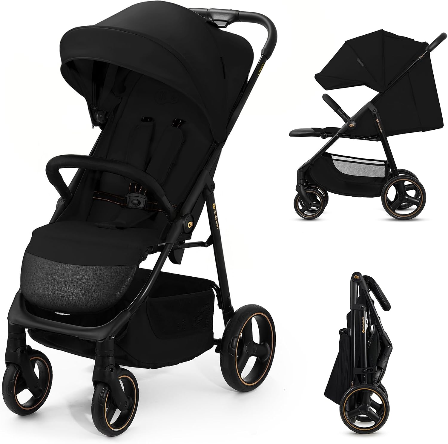 Kinderkraft TRIG 3, Silla de Paseo, Ligera y manejable, Suspensión, Cinturón de 5 puntos, Reposapiés, Ajustable, Carga máxima de 25 kg, Negro