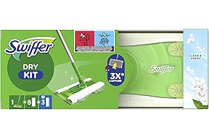 Swiffer Balai Attrape-Poussière, Kit de Démarrage (1 Balai+8 Lingettes Sèches+3 Lingettes Imprégnées pour Parquet), Attrape Et Retient 3x Plus de Poussière qu'un Balai Classique, Pour Poils d'Animaux