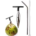 Oban Coconut Opener Tool with Stainless Straw, Rubber Handle ( Black)