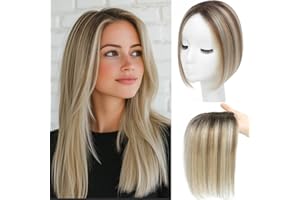 GULALUUK Hair Toppers for Women Human Hair Topper 10 Inch HairPieces for Women with Thinning Hair Swiss Base Ombre Light Brown with Blond Highlight（2T613）