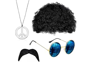 VIKSAUN Conjunto de Disfraces de Hippies, Peluca Afro, Moda Gafas de Sol, Collar de Signo de Paz, Bigote, carnaval, fiesta temática, Peluca Funky Afro, para Fiesta de Tema Retro de 50/60/70s