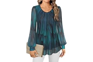 Gemulate Women's Blouses Ladies Long Sleeve Tops Chiffon Tops for Women UK Crew Neck Pleated Front Loose Fit Ladies Top Flowy Double Layered Mesh Shirts M-3XL