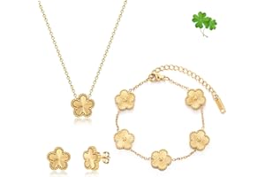 FUNIO Kleeblatt Schmuck Set für Damen - 18 Karat Gold Link Armband Armreif Glücksarmband Halskette Ohrringe Schmuck Geschenk für Damen