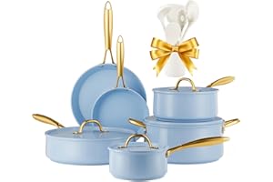 RIOVARM Induzione Set di pentole e padelle con coperchi, In ceramica Antiaderente Set di pentole con set di utensili da cucina, Set cucina essenziale Padella Pentola Padella per salse Spatole