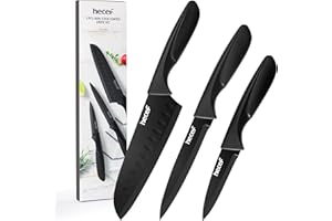 hecef Set Coltelli da Cucina, 3 Pezzi Coltelli in Acciaio Inox con Nero Rivestimento Antiaderente, Manico Ergonomico, Lavabili in Lavastoviglie, Ideali per per principianti e appassionati di cucina