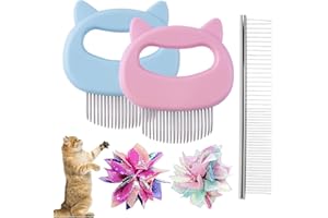 QUACOWW 2 Pieces Cat Comb for Hair, Cat Shell Comb with 2 Wrinkle Balls and Stainless Steel Pet Comb,Grooming and Painless Deshedding Matted Tangled Hair for Cats and Dogs