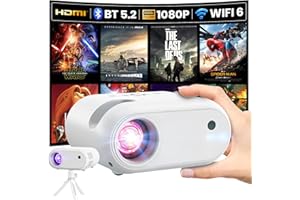 AGIMA Mini Vidéoprojecteur avec Trépied 1080p avec WiFi Bluetooth Projecteur Portable, Compatible avec Smartphone, HDMI, USB, TV Stick, Accueil Extérieur Chambre à Coucher Projecteur, Blanc