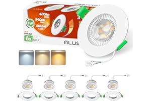 ALUSSO LIGHTING Foco Empotrable LED Techo, 6W 540lm, Luz ajustable, 3CCT 3000K 4000K 6500K ojo de buey, Extraplano Redondo Downlight LED, Corte 68-75mm, Paquete de 6