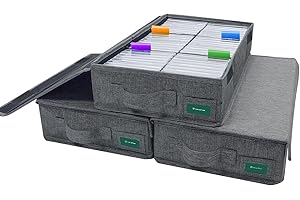 T WaveTree Cassette Tape Storage Box Pack of 3, Durable Cassette Tape Holder 16.34 x 9.25 x 3.54 Inch, Cassette Rack with Lids and Index Labels to store to 144 Cassette Cases - Gray