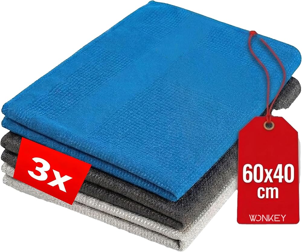 WONKEY - Mikrofiber Cam Bezi, Çok Amaçlı Cam, Toz ve Mutfak Bezi, Oto ve Motosiklet Mikrofiber Bez, Sihirli Mikrofiber Temizlik Bezi 60x40 cm - (3'lü Paket)
