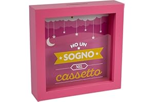 LINA OFFICINE GRAFICHE CREATIVE Salvadanaio Decorativo 'Ho Un Sogno Nel Cassetto', Rosa, 16x16 cm, con Design Luna e Stelle