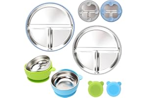 CLDY 2 Stück Edelstahl Babyteller mit Saugnapf + 2 Stück Breischale Baby schüssel, kinder geschirr set, Geteilte Standfeste Esslernteller Geteilte Teller - BPA-Frei - Auslaufsicher, spülmaschinenfest