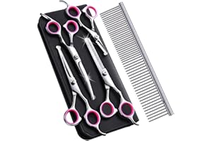 ACHORT Zwini Pet Grooming Scissors Set 5 in 1 Stainless Steel Pet Trimmer Kit Pet Grooming Scissors Set Hair Care for Dog Cat With 7.5-inch Cutting Scissors Thinning Shear Curved Scissors Grooming Comb