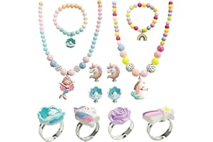 ZOCONE 12/6PCS Rainbow Unicorn Jewellery Sets, Rainbow Mermaid Unicorn Bracelets Necklace Unicorn Rings Kids Jewellery Sets for Girls Friendship Bracelets for Girls Princess Dress Up Jewelry Party